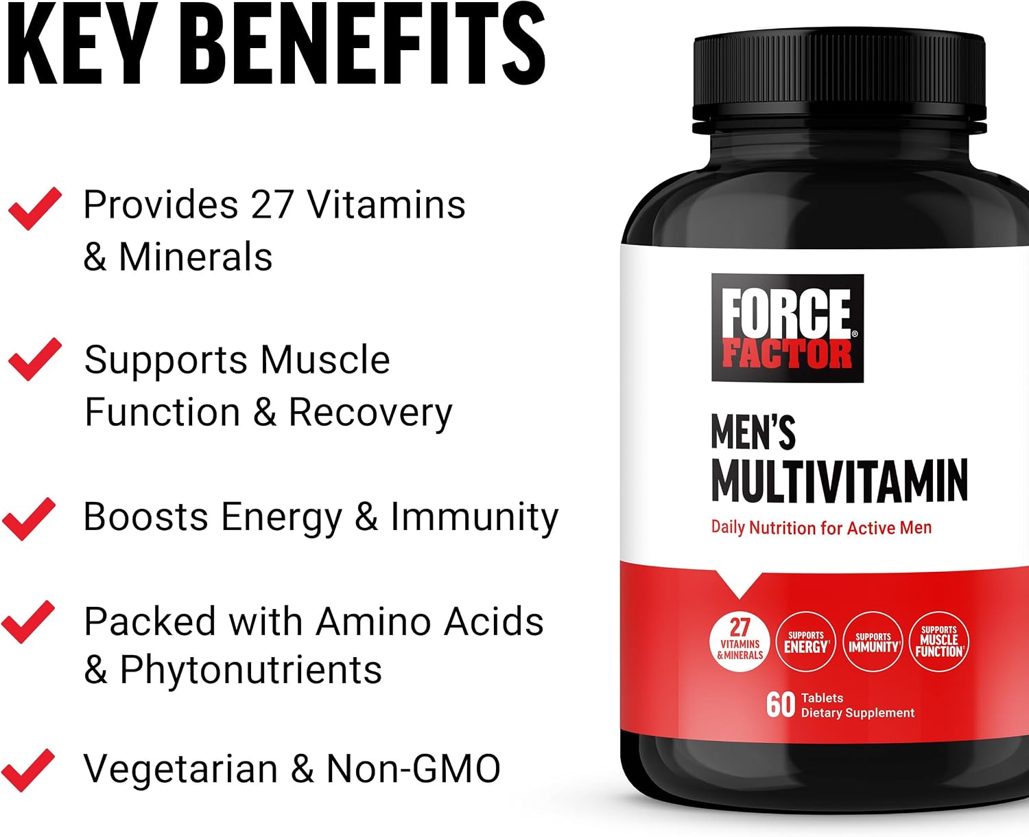Force Factor Men’s Multivitamins, Multivitamin for Men Plus Amino Acids Supplement with 27 Vitamins and Minerals, and Phytonutrients to Support Energy, and Immunity, 60 Tablets