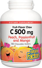 Natural Factors, Vitamina C Masticable para Niños 500 mg, con Bioflavonoides, Sabor Melocotón, Maracuyá y Mango, 90 Comprimidos