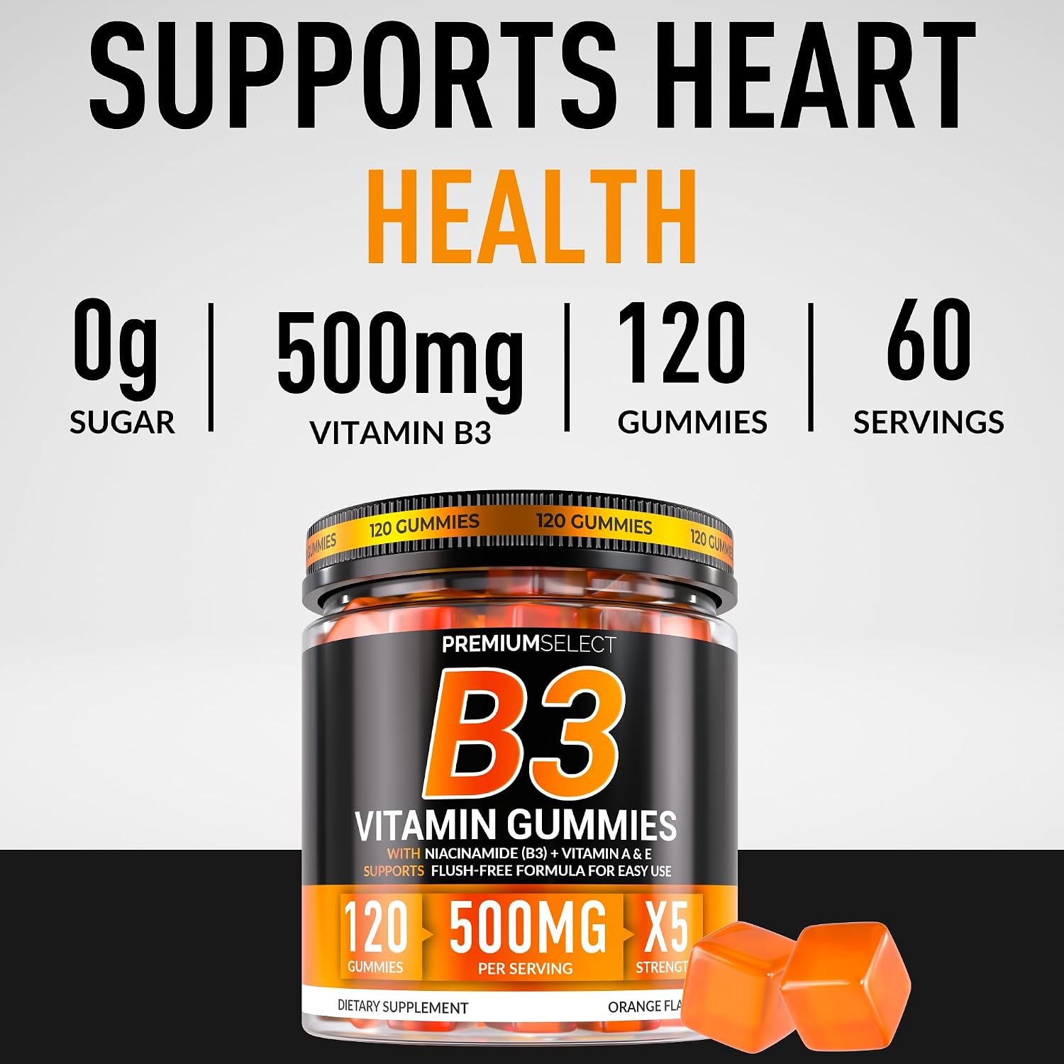 Premium Select Nutrition – Vitamina B3 Gominolas de Niacinamida 500mg – Sin Rubor – con Vitaminas A y E – 120 Gominolas Veganas – Sin OGM, Sin Azúcar, Sin Gluten – Suministro para 2 Meses