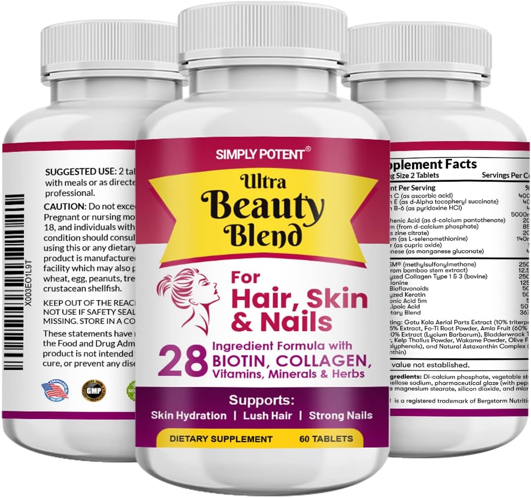Simply Potent Vitaminas para Piel, Cabello y Uñas - 28 Ingredientes, Biotina 5000mcg, Queratina, MSM, Colágeno, Ácido Hialurónico - 60 Comprimidos