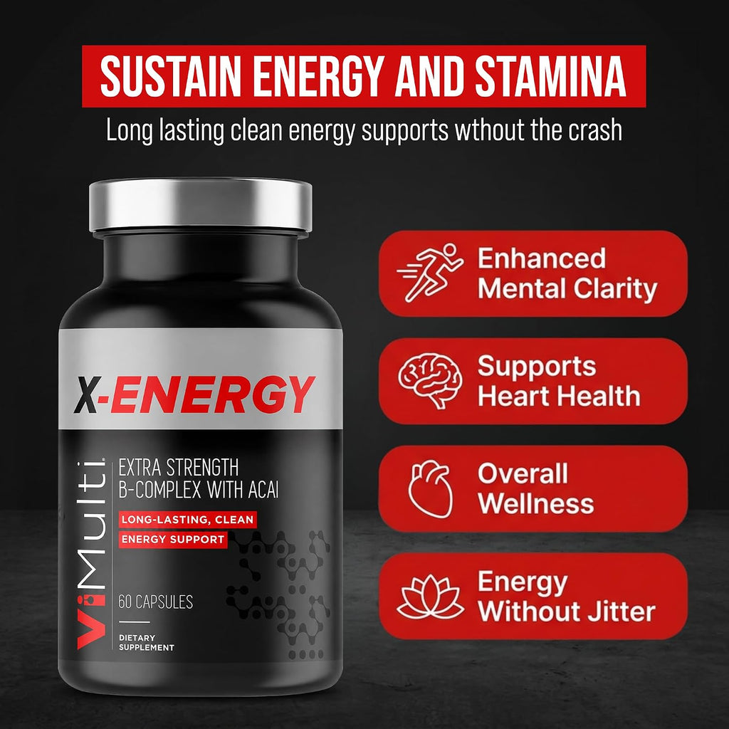 ViMulti X-Energy Complejo de Vitaminas B en Cápsulas con Cafeína, Taurina, Magnesio, Extracto de Acai, Ginseng, Rodiola, Maca, Espirulina, Tongkat Ali, B1, B6, B12, Suplemento Dietético de Folato - 60 Cápsulas