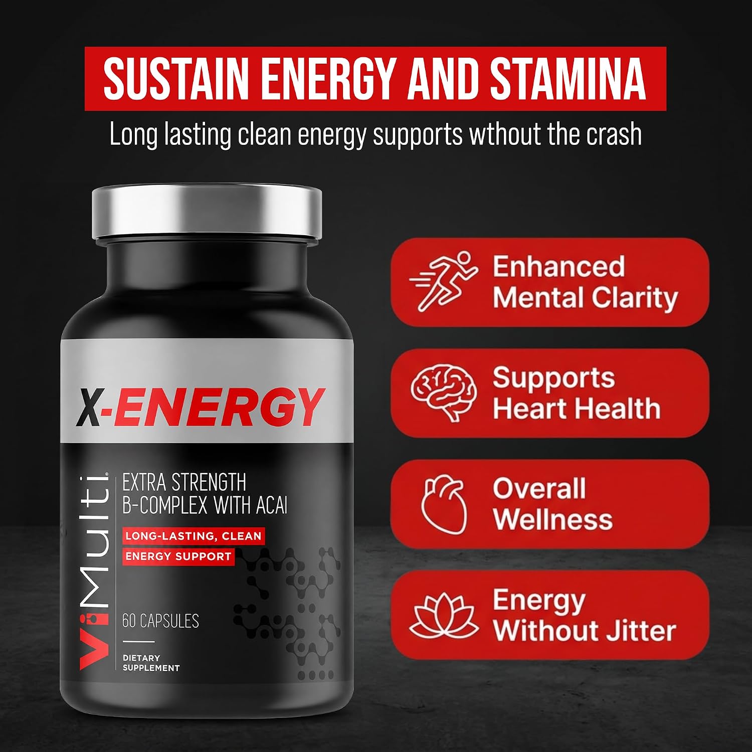 ViMulti X-Energy Complejo de Vitaminas B en Cápsulas con Cafeína, Taurina, Magnesio, Extracto de Acai, Ginseng, Rodiola, Maca, Espirulina, Tongkat Ali, B1, B6, B12, Suplemento Dietético de Folato - 60 Cápsulas