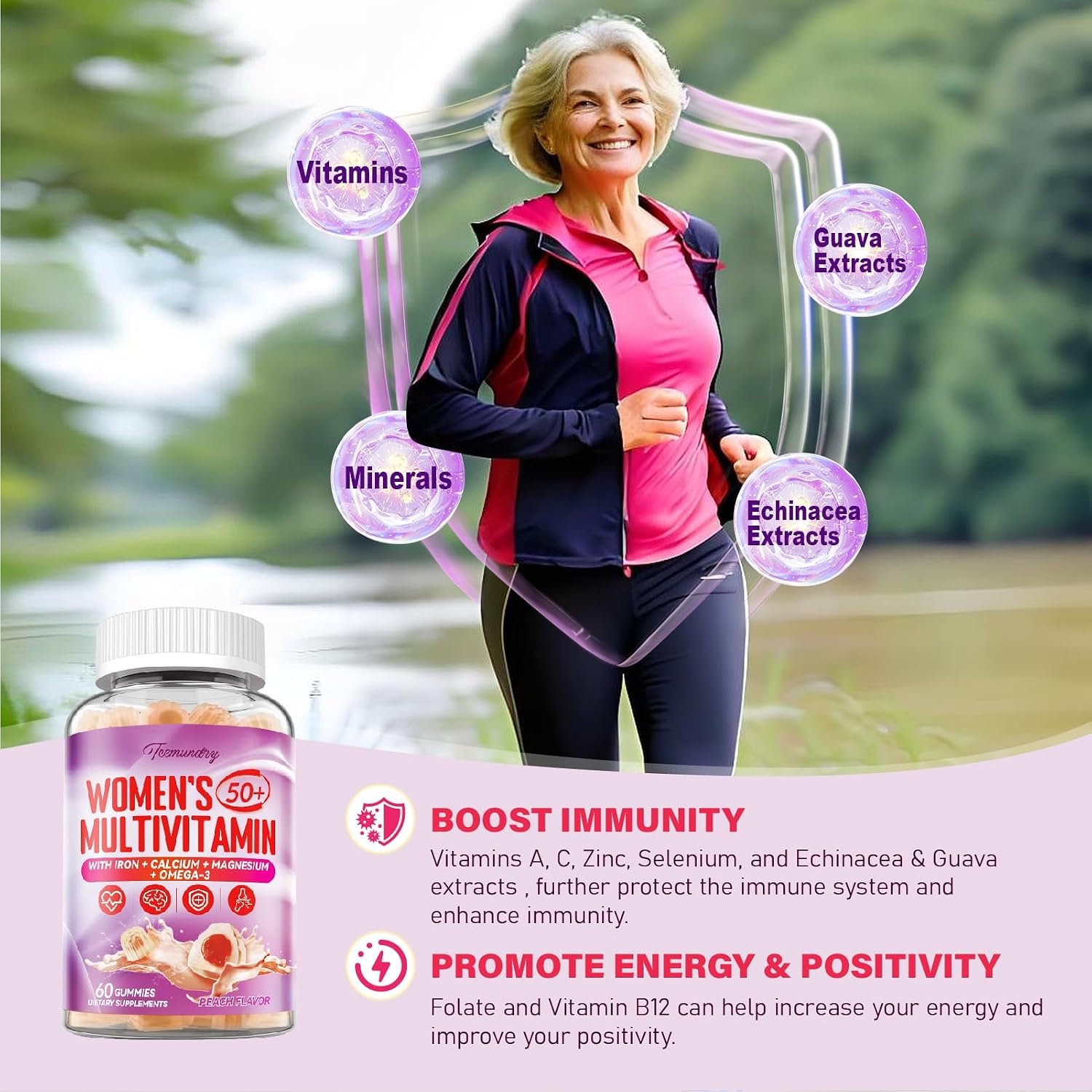 Gominolas Multivitamínicas para Mujeres 50+ con Omega 3, Coenzima Q10, Hierro, Calcio - Pack de 2
