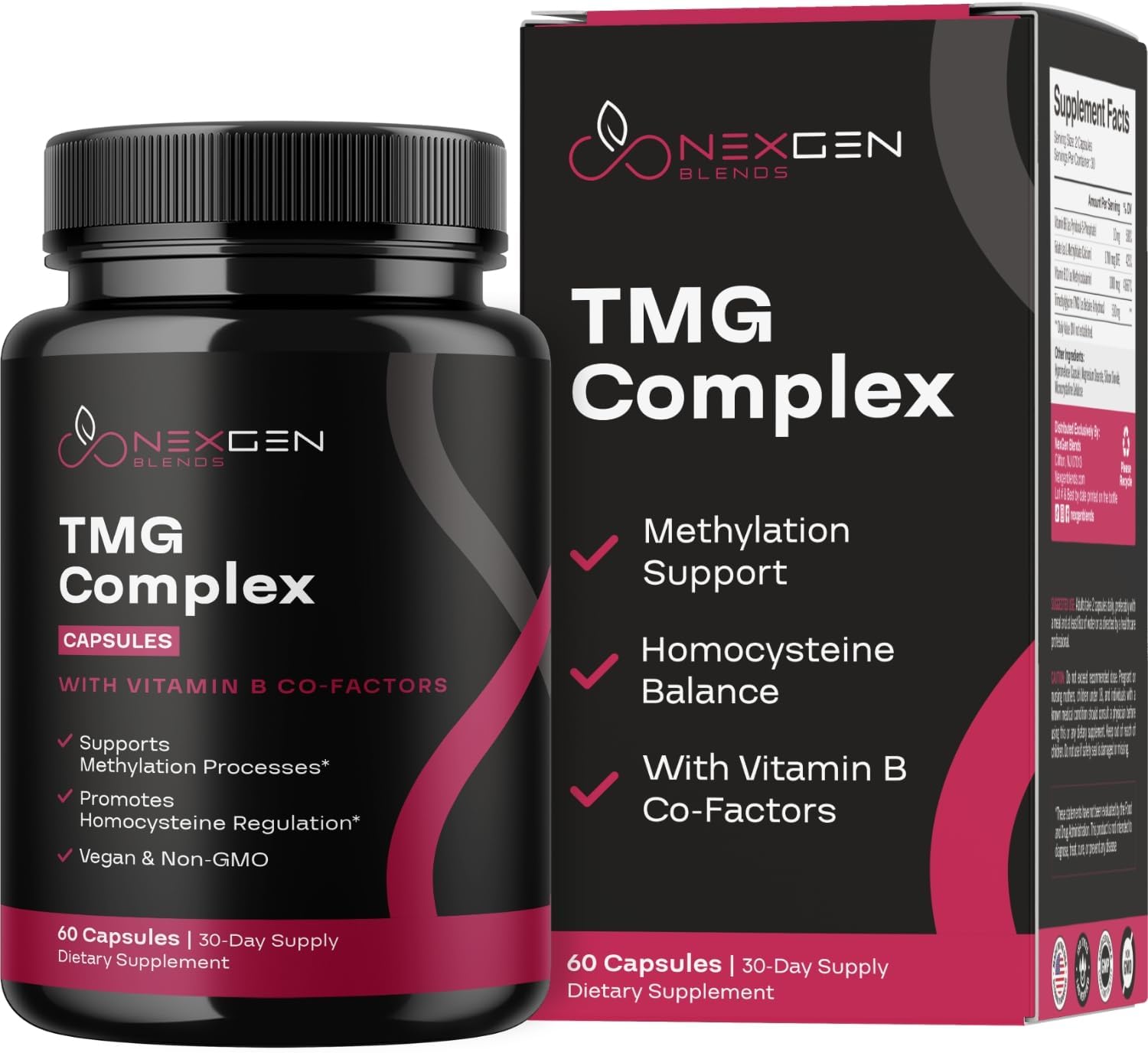 TMG Trimethylglycine con Complejo B Metilado - Suplemento de Betaina 500mg con Vitaminas B Metiladas para Apoyo a la Metilación - Vegano y No-GMO (1 Mes)