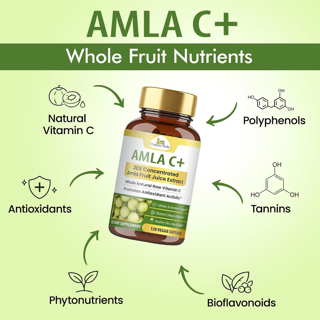 Organic Veda Amla + Cápsulas - Extracto Concentrado de Amla 20X con Vitamina C Natural