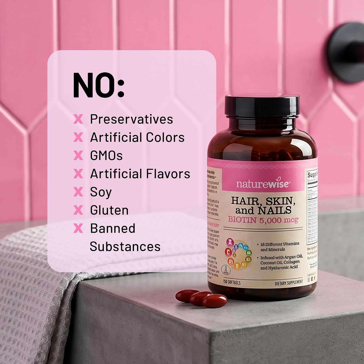 NatureWise Vitamina para Cabello, Piel y Uñas, Biotina 5000mcg con Ácido Hialurónico, Colágeno, Vitaminas C, Complejo B, D3, A, E y Hierro - No OGM, Sin Gluten - 270 Cápsulas Blandas (Suministro para 3 Meses)