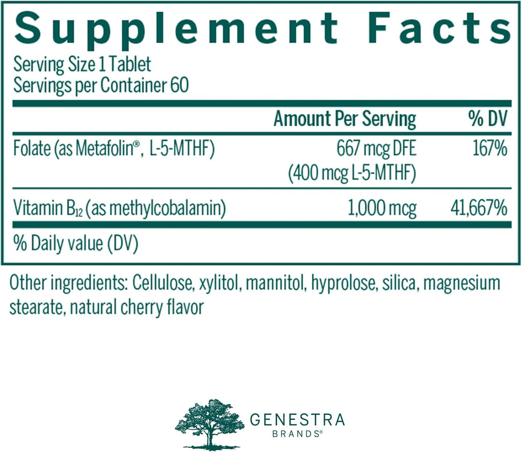 Genestra Brands Active Chewable B12 with L-Methylfolate | Vitamin B12 & Folate Supplement | 60 Chewable Tablets | Natural Cherry Flavor