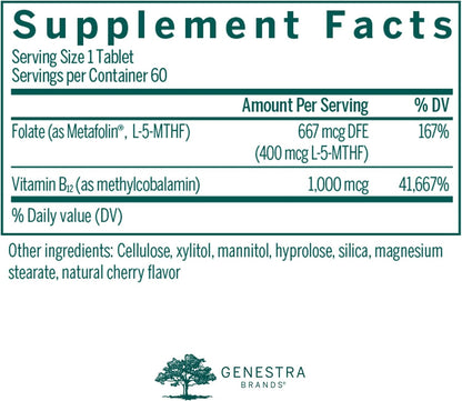 Genestra Brands Active Chewable B12 con L-Metilfolato | Complemento de Vitamina B12 y Folato | 60 Comprimidos Masticables | – Image 2