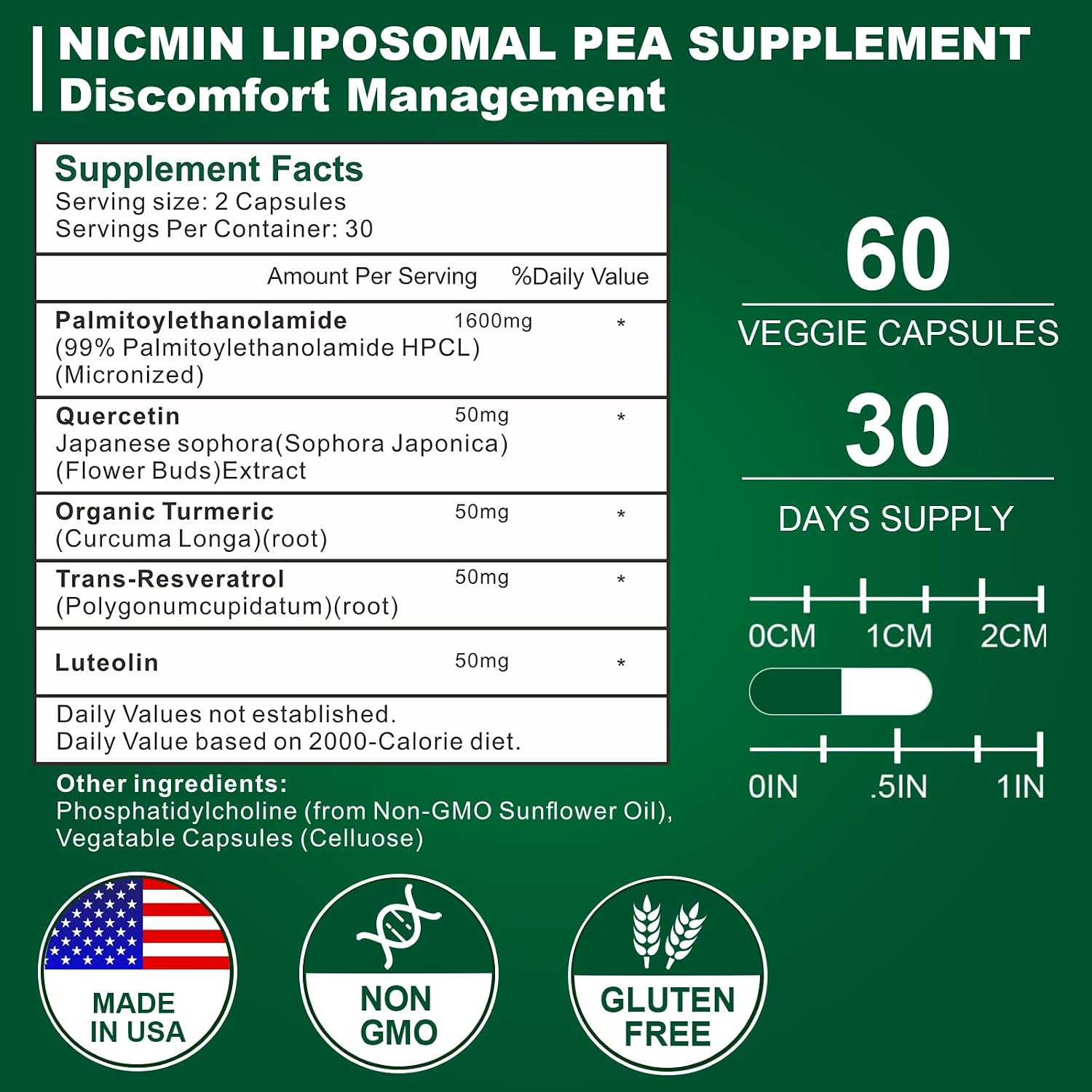 NICMIN Palmitoylethanolamide 1600mg con Luteolina y Quercetina, 60 Cápsulas