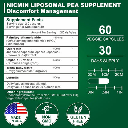 NICMIN Palmitoylethanolamide 1600mg con – Apoyar la respuesta inflamatoria normal del cuerpo. – Image 2