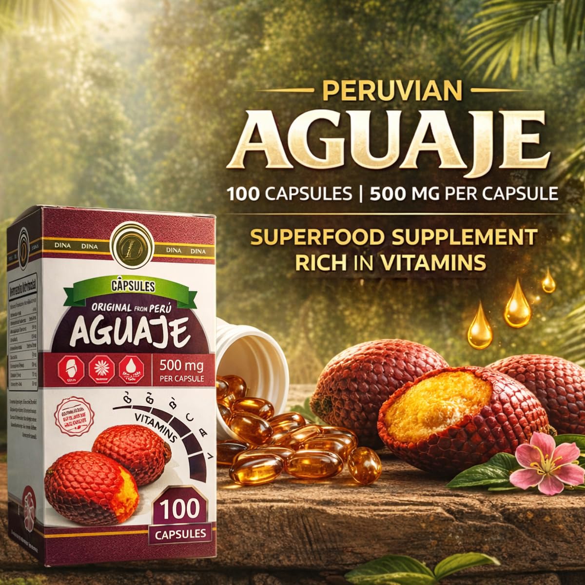 Aguaje del Perú, 100 Cápsulas de 500 mg, Formato Botella para Rutina Diaria y Bienestar General
