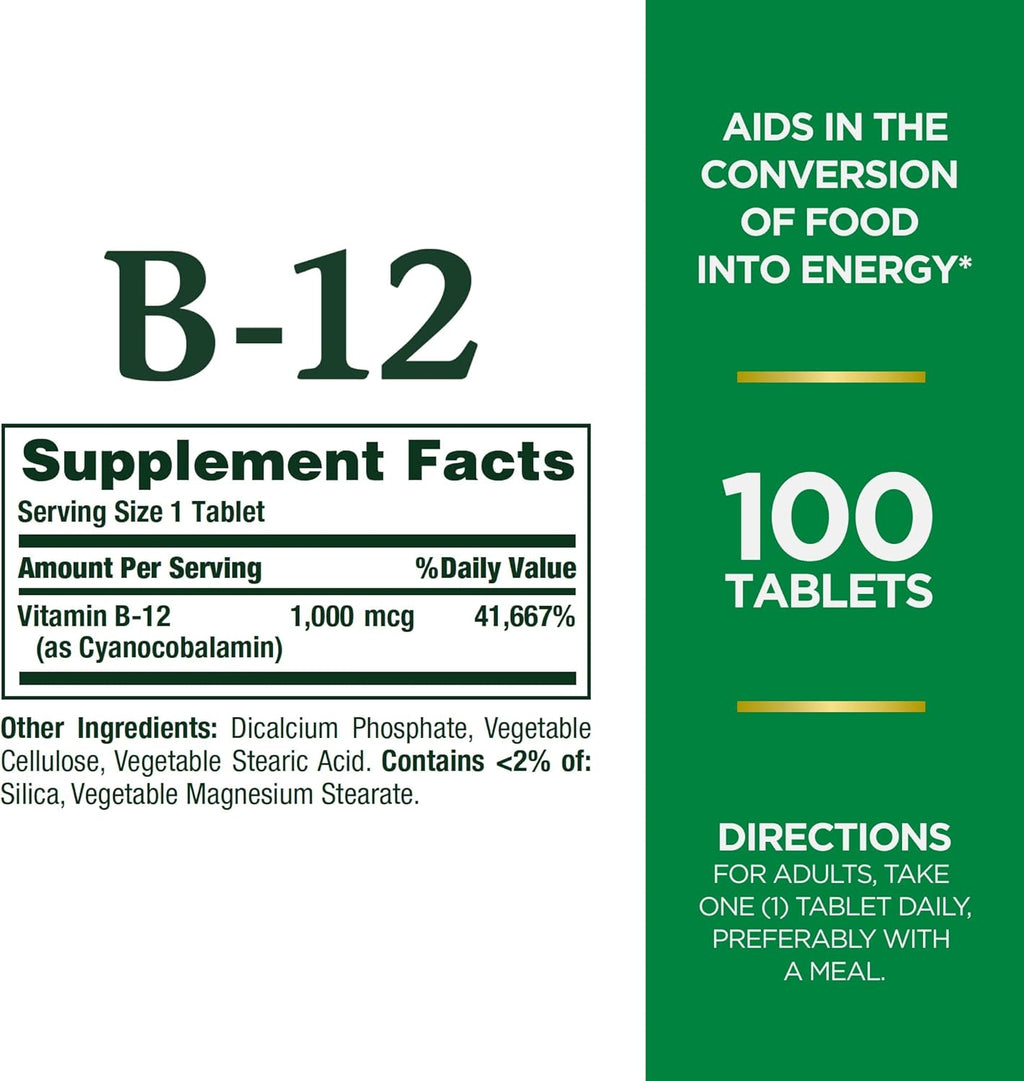 Nature's Bounty Vitamina B12, 1000 mcg, 100 Comprimidos