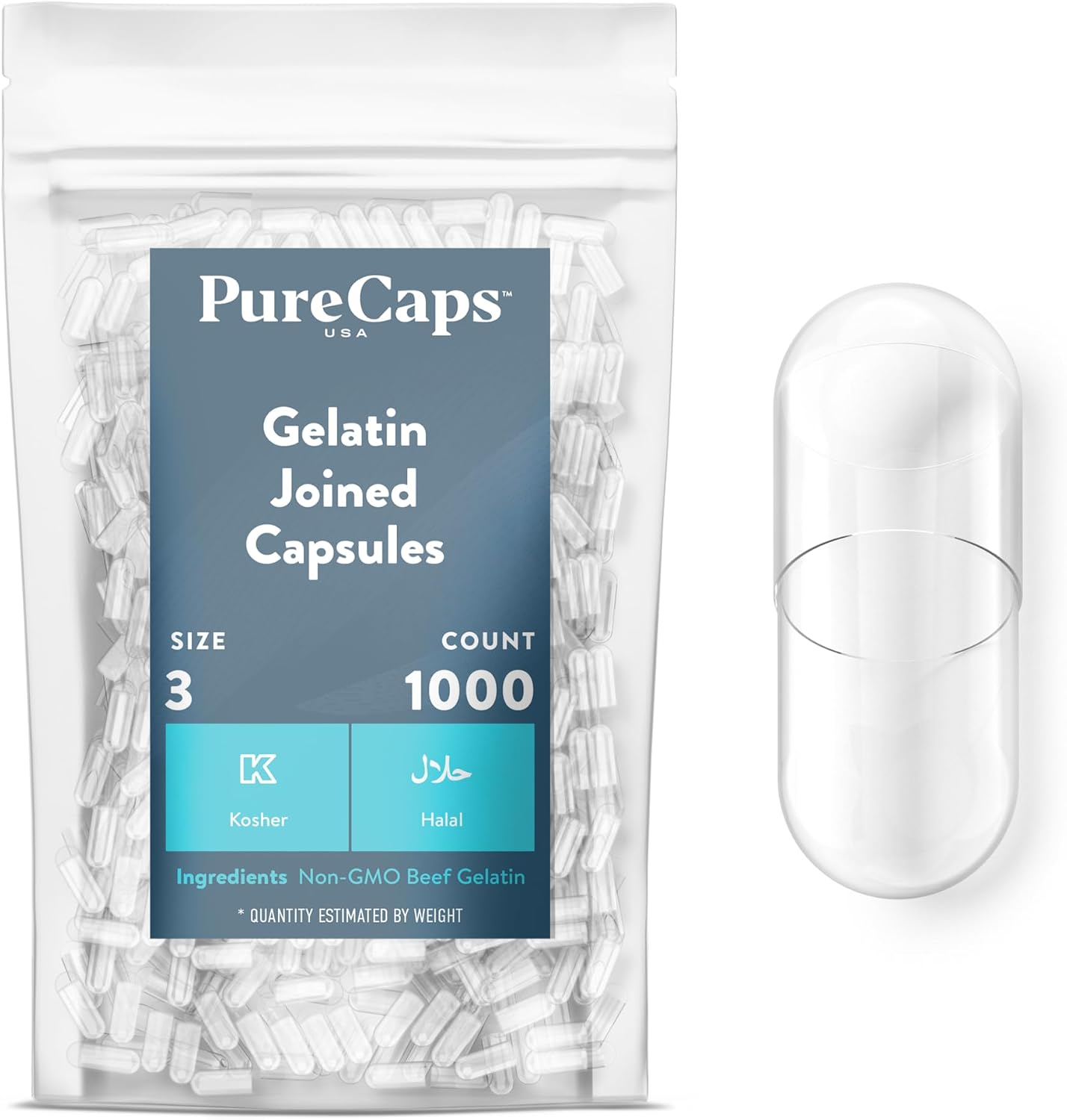 PureCaps USA - Cápsulas Vacías de Gelatina Tamaño 3 | 5000 Cápsulas Unidas | Transparentes | Certificado No GMO | Sin SLS, Gluten ni Conservantes