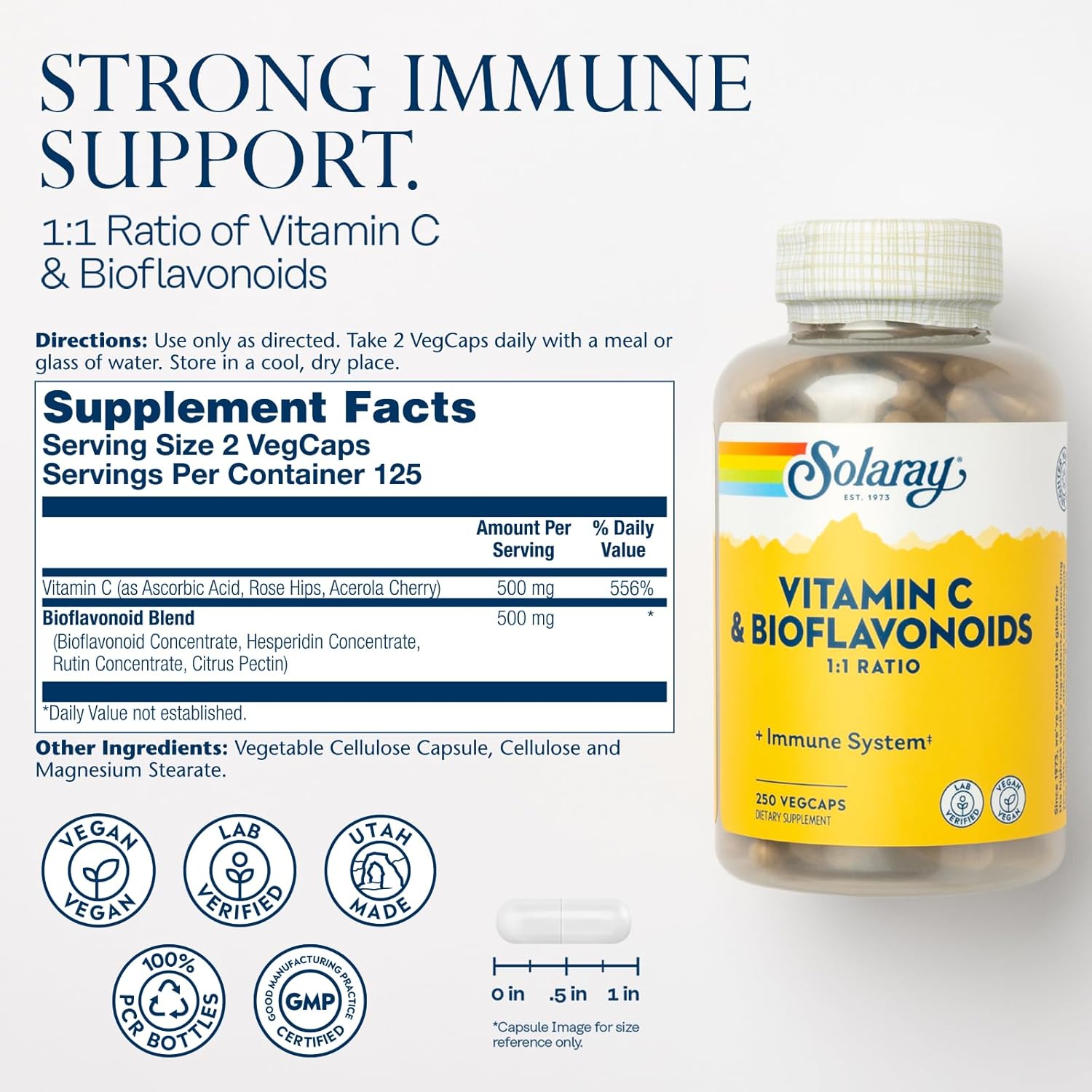SOLARAY Vitamin C 500mg with Citrus Bioflavonoids - 250 Vegan Capsules