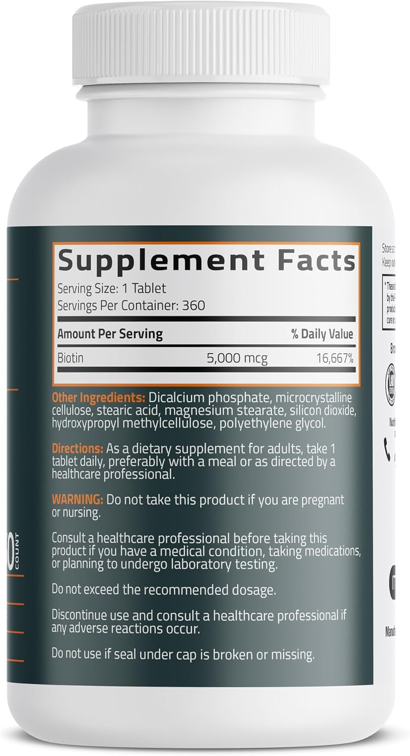 Bronson Biotina 5000 mcg - 360 Comprimidos Vegetarianos - Apoyo para Cabello, Piel y Uñas