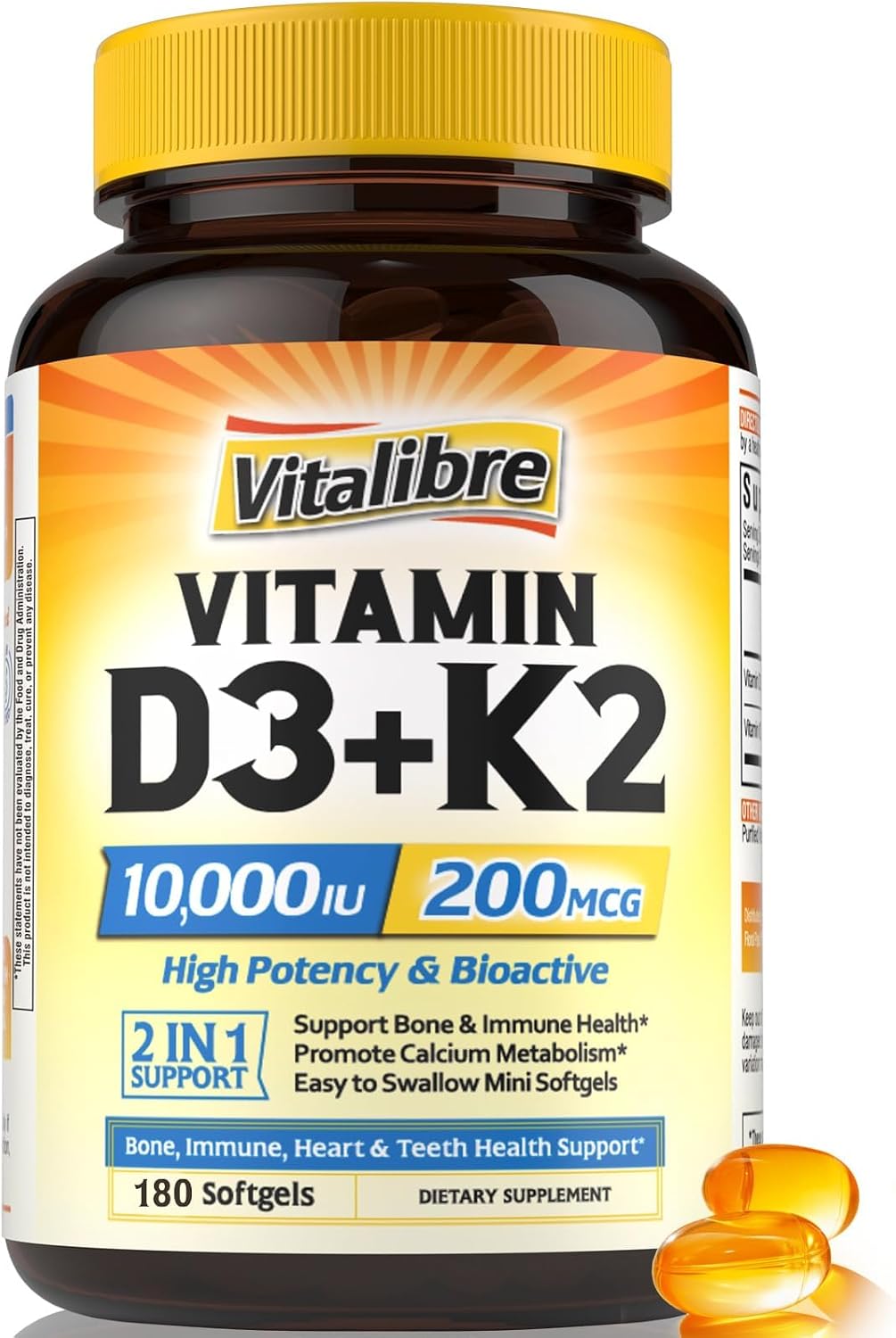 Vitalibre Vitamina D3 K2, 10000 UI D3 / 200 mcg K2 MK7, 90 Cápsulas Blandas