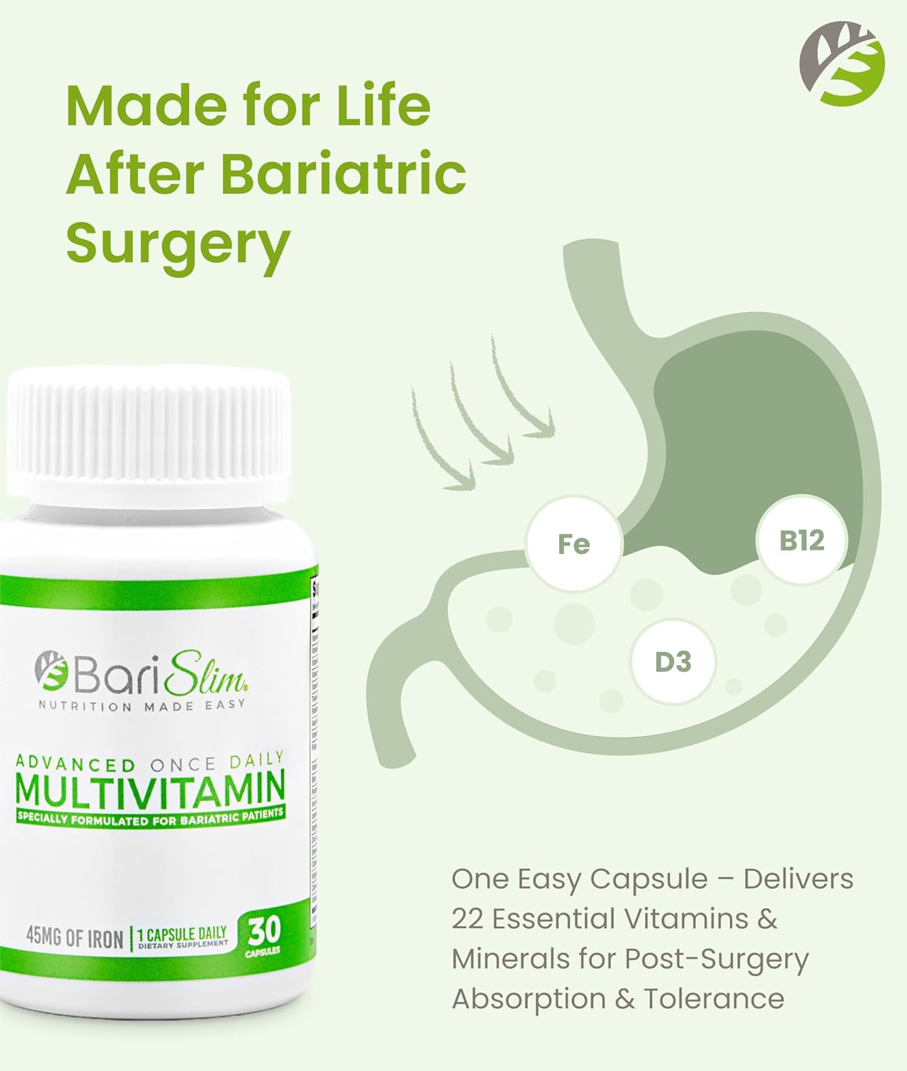 BariSlim Advanced Once Daily - Multivitamínico bariátrico diario con 45mg de hierro | 30 cápsulas