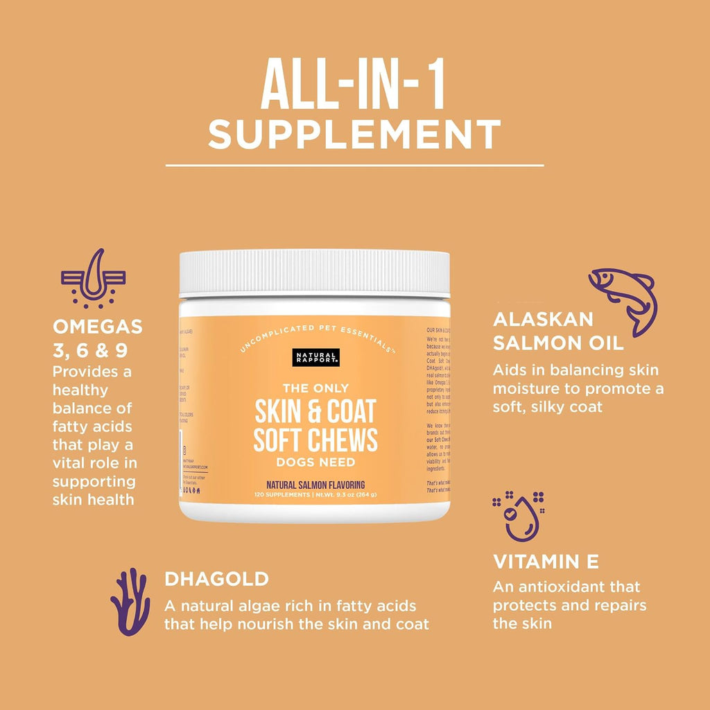 Natural Rapport - Suplemento de Piel y Pelo para Perros, 120 Chews Blandos con Aceite de Salmón y Omega 3,6,9