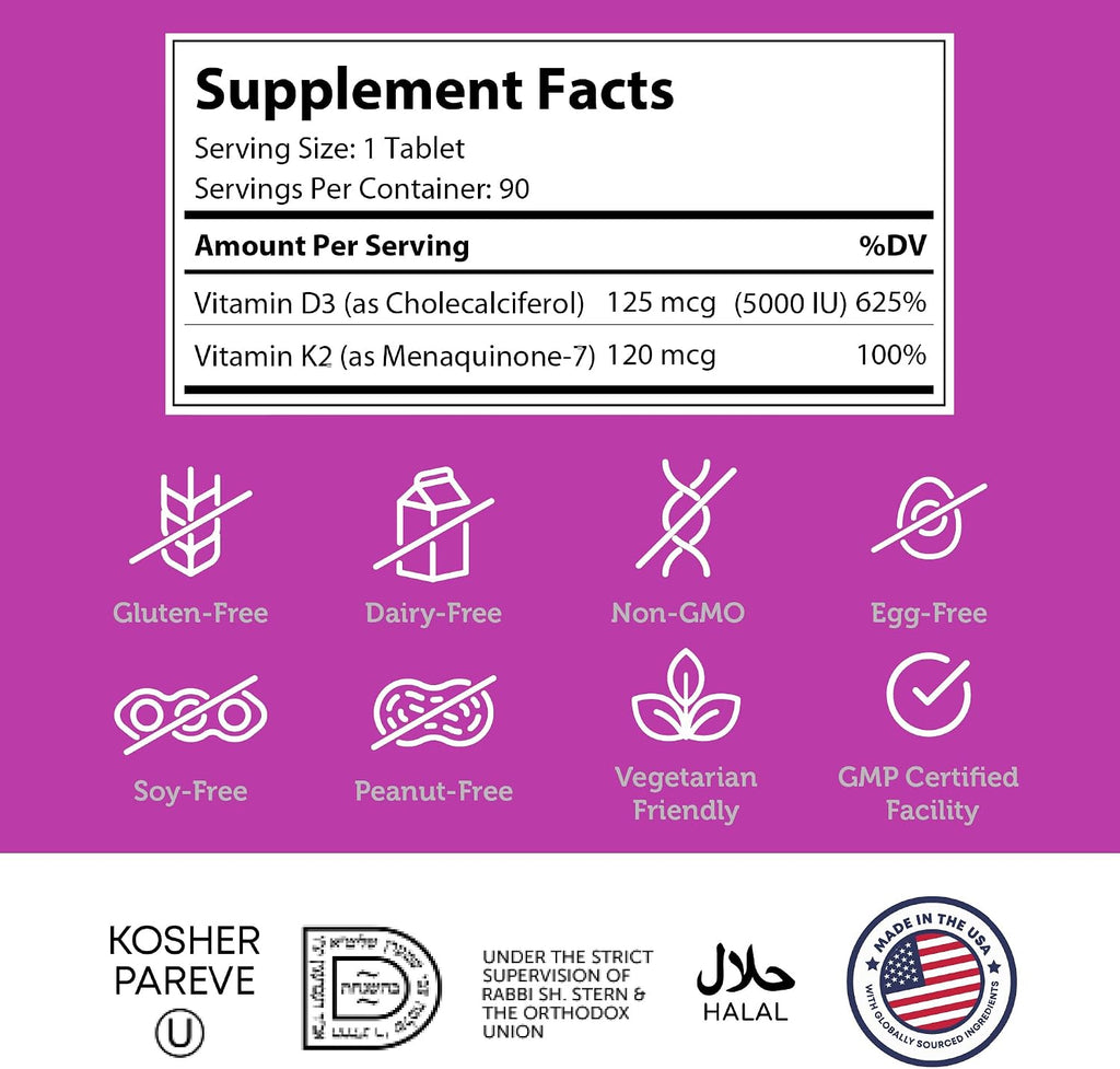 Zahler Vitamina D3 y K2 Comprimidos Masticables - 5000 UI D3 + 120 mcg K2 - Sabor Melocotón Albaricoque - 90 Unidades