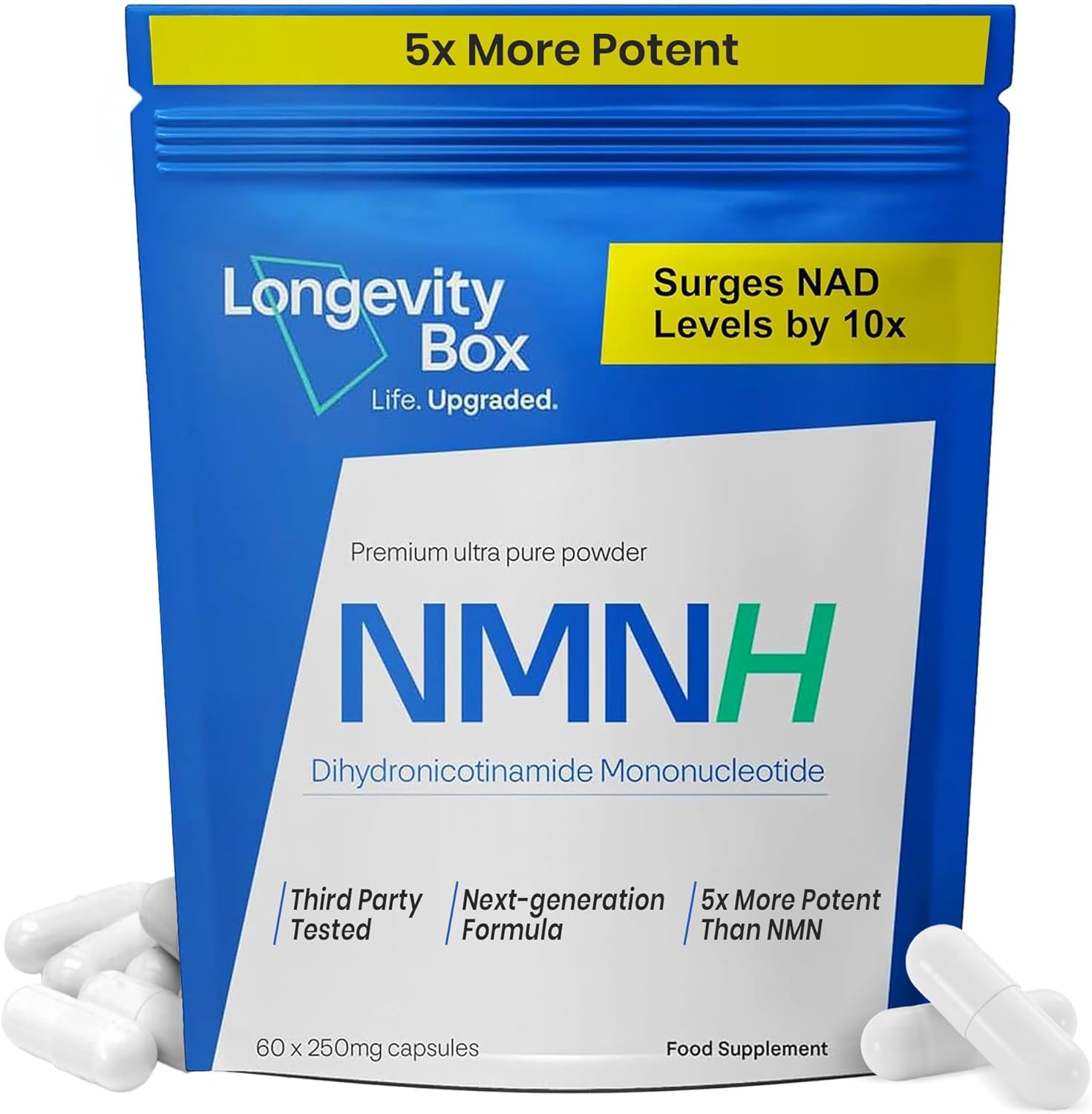 Longevity Box NMNH 250 mg - Alternativa al NMN, Mononucleótido de Dihidronicotinamida más Potente para Energía Celular, Reparación del ADN y Envejecimiento Saludable - 60 Cápsulas Avanzadas