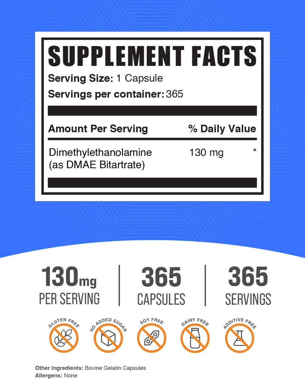 BulkSupplements.com DMAE Bitartrato Cápsulas - 130 mg por porción - 365 cápsulas