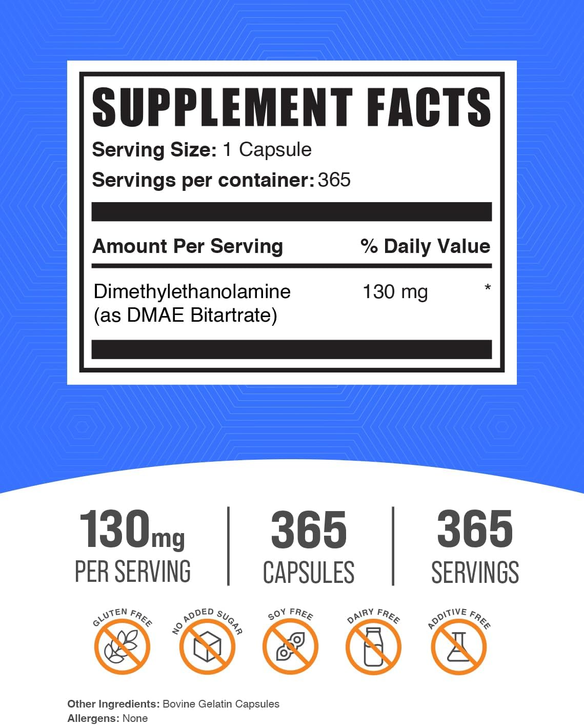 BulkSupplements.com DMAE Bitartrato Cápsulas - 130 mg por porción - 365 cápsulas