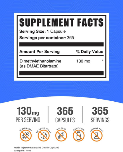 BulkSupplements.com DMAE Bitartrato Cápsulas - 130 mg por porción - 365 cápsulas – Image 2
