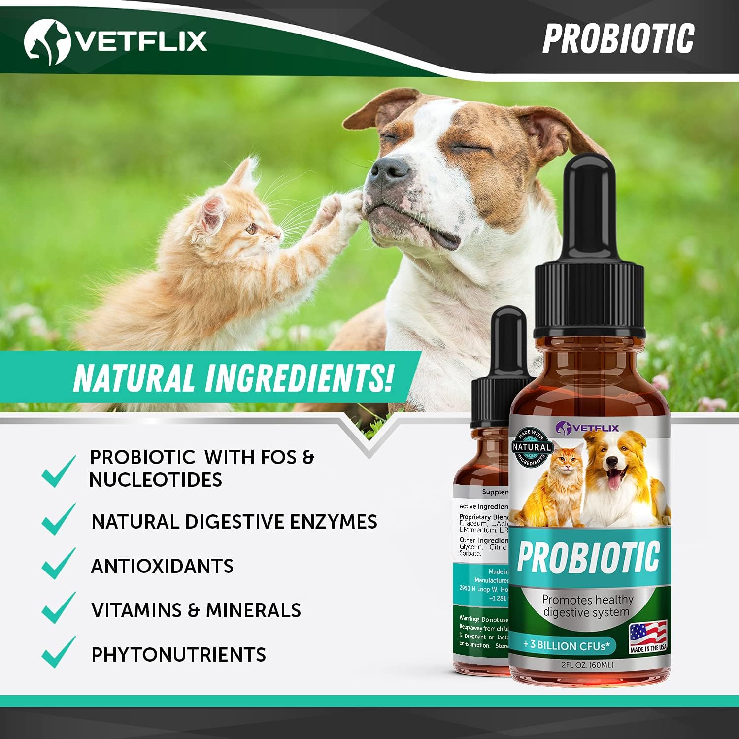 Probióticos Líquidos Premium para Perros, Gatos, Cachorros y Gatitos, 60 ml - Vetflix