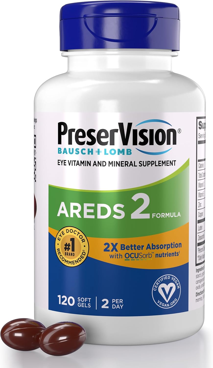 PreserVision AREDS 2 Suplemento vitamínico y mineral para la visión con OCUSorb, 120 cápsulas blandas veganas, contiene luteína, zeaxantina, vitamina C y E, zinc y cobre
