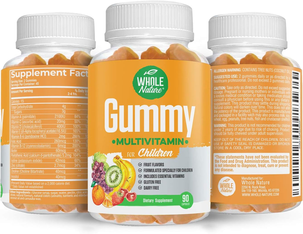 Whole Nature Kids Gummy Multivitamin – Multivitamínico infantil completo con vitaminas y minerales, 90 gominolas sabor fruta