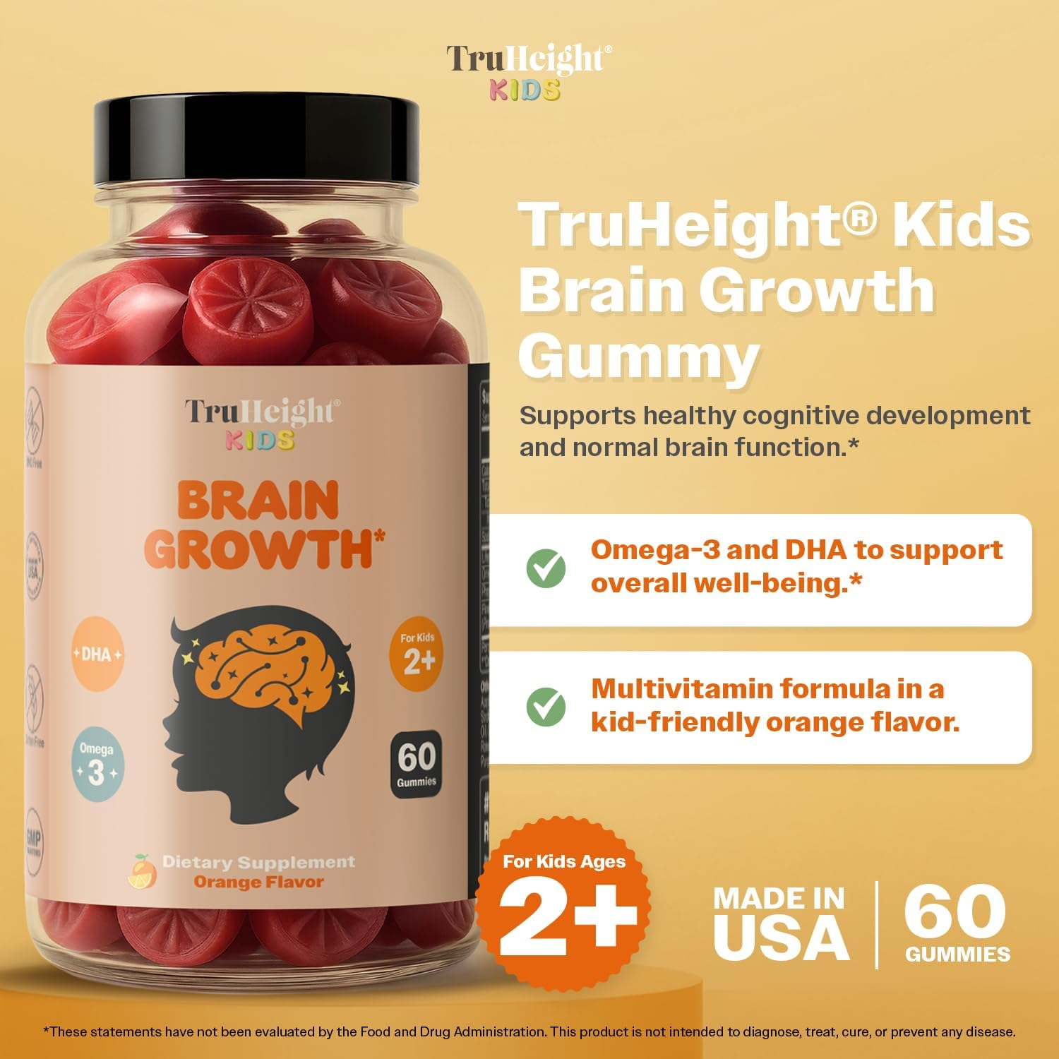 TruHeight Kids Brain Growth Gummies - Gominolas de Omega 3 para Niños (Naranja, 2+ Años)