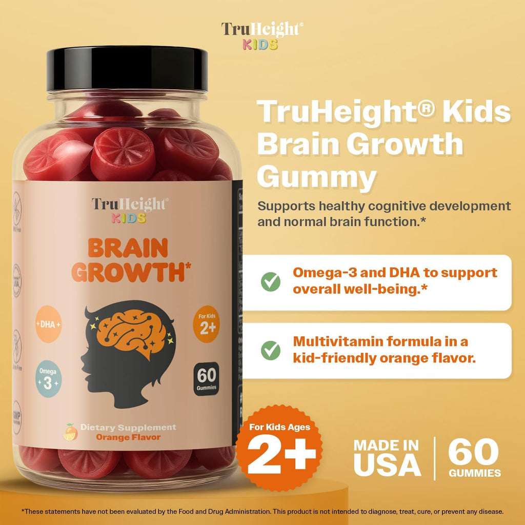 TruHeight Kids Brain Growth Gummies - Gominolas de Omega 3 y DHA para el Desarrollo Cerebral (Naranja, 2+ años)