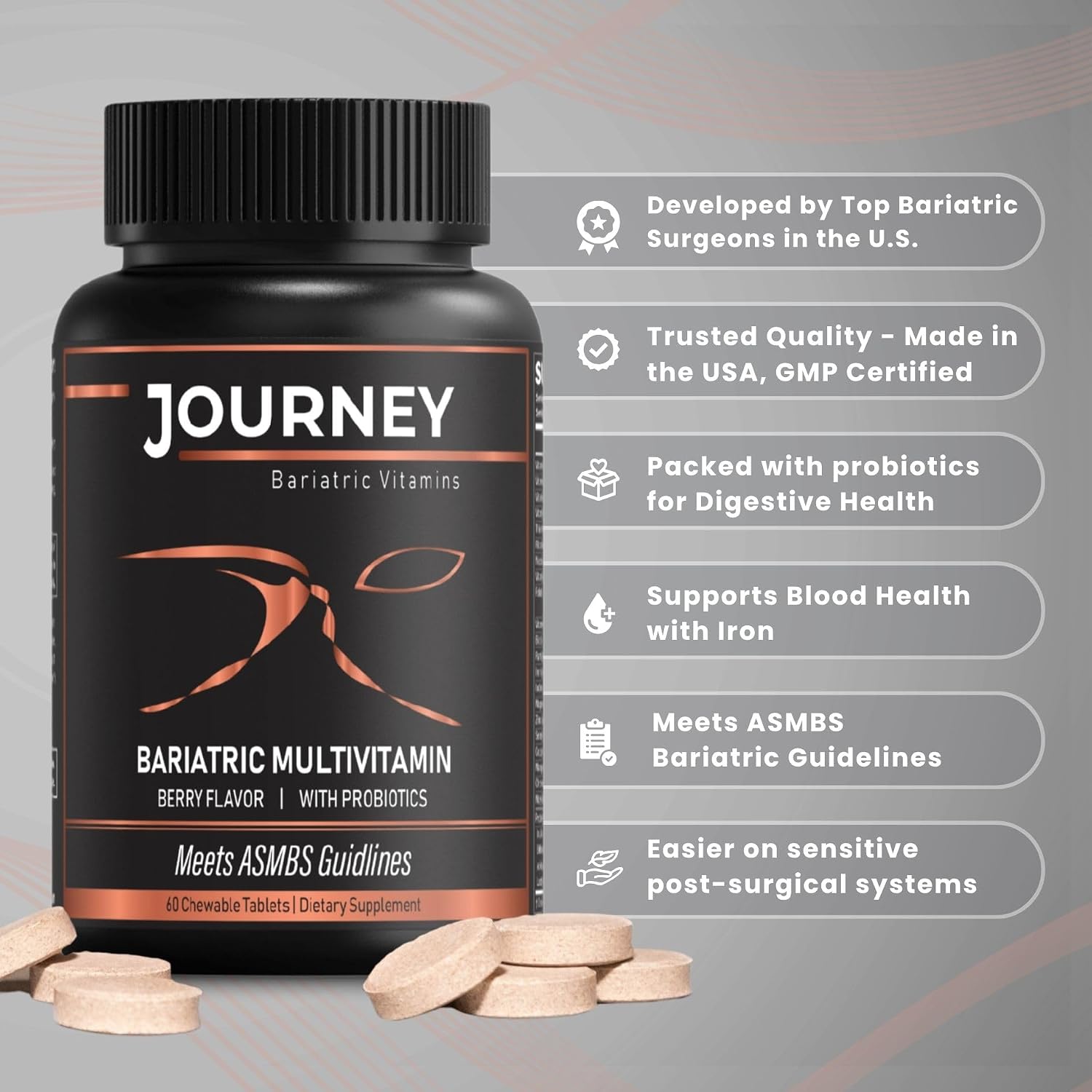 Journey Bariatric Multivitamin con Probióticos y Hierro – Masticable, Sabor Berry (60 Comprimidos)