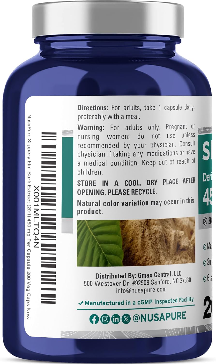NusaPure Cápsulas de Corteza de Olmo Americano, 450 mg, 200 Cápsulas Vegetales (No OGM, Vegano)