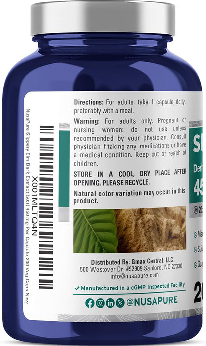 NusaPure Cápsulas de Corteza de Olmo Americano, 450 mg, 200 Cápsulas Vegetales (No OGM, Vegano) – Image 3