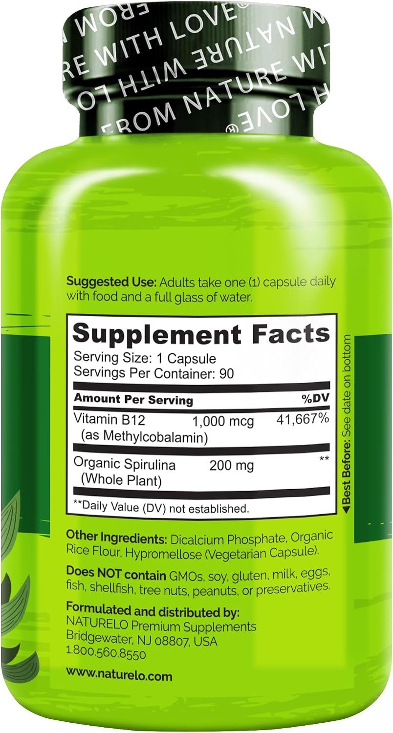 NATURELO Vitamina B12 Vegana - Metilcobalamina 1000 mcg con Espirulina Orgánica - 90 Cápsulas (Pack de 2)
