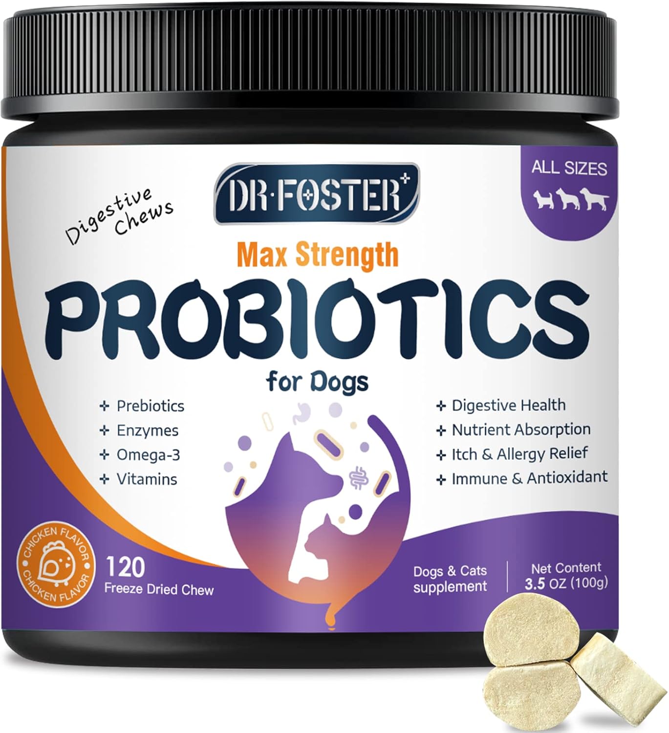 Probióticos para Perros Liofilizados con Enzimas Digestivas y Omega-3, 120 Bocados