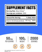 BulkSupplements.com Vitamina D3 en Polvo - Colecalciferol, 5000 UI - Sin Gluten, 50 mg (125 mcg de Vitamina D3) por Dosis, 100 g (3.5 oz) (Paquete de 1)