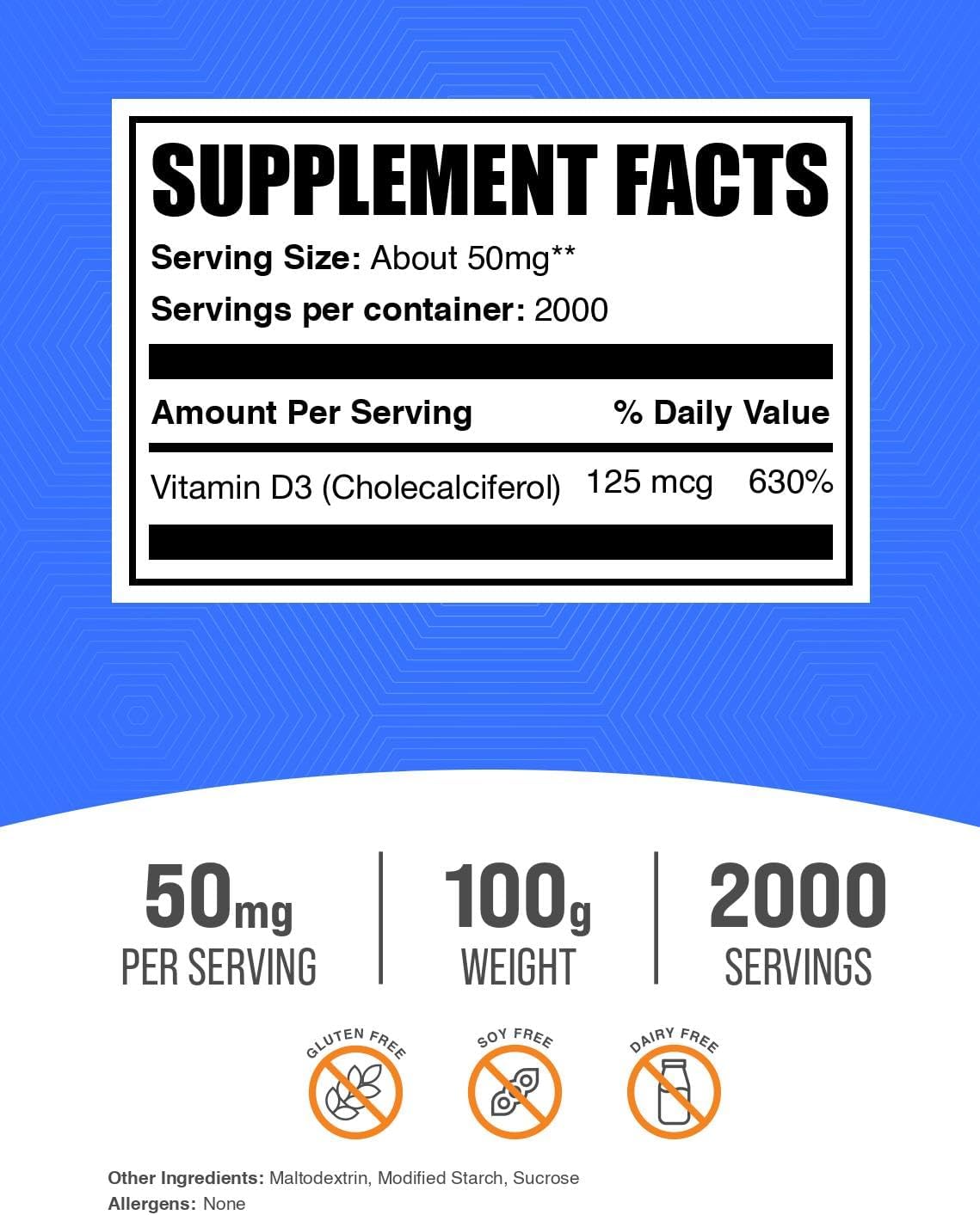 BulkSupplements.com Vitamina D3 en Polvo - Colecalciferol, 5000 UI - Sin Gluten, 50 mg (125 mcg de Vitamina D3) por Dosis, 100 g (3.5 oz) (Paquete de 1)