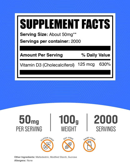 BulkSupplements.com Vitamina D3 en Polvo - Colecalciferol, 5000 UI - Sin Gluten, 50 mg (125 mcg de Vitamina D3) por Dosis, – Image 2