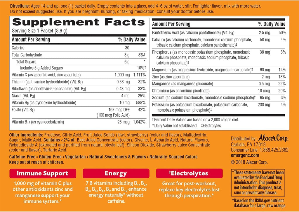 Emergen-C Vitamina C 1000mg Polvo, Sabor Fresa Kiwi, 60 Sobres