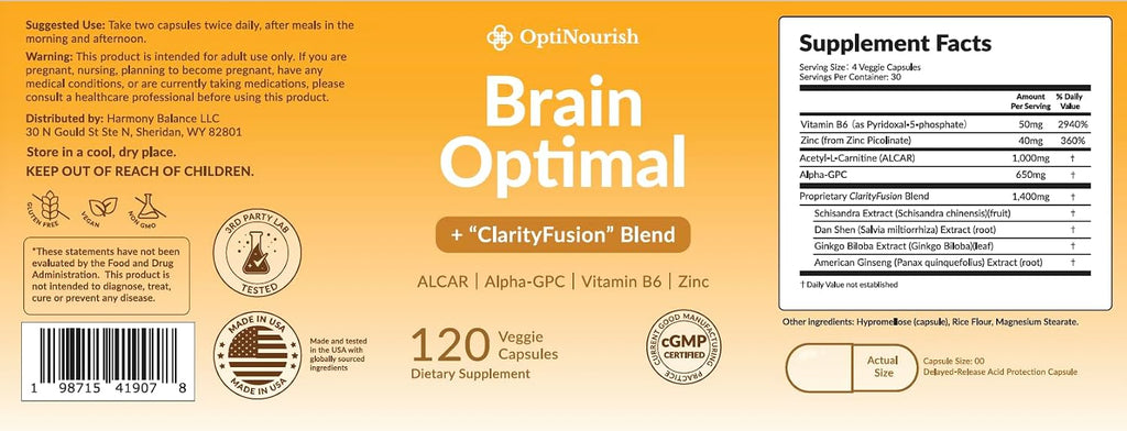 OPTINOURISH Suplemento Cerebral para Memoria y Enfoque – Nootrópico para Adultos, 120 Cápsulas