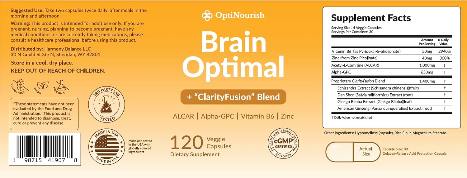 OPTINOURISH Suplemento Cerebral para Memoria y Enfoque – Nootrópico para Adultos, 120 Cápsulas