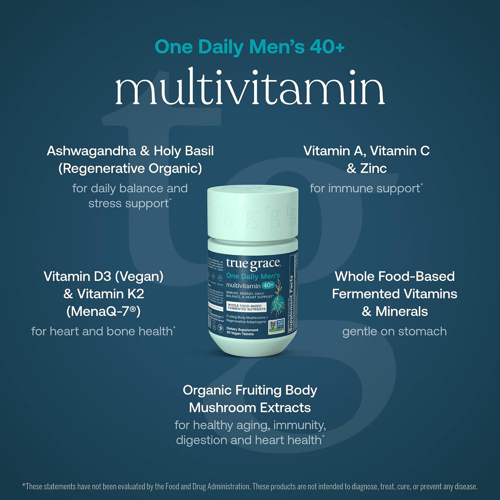 True Grace Multivitamínico para Hombres 40+ con Minerales Fermentados, Adaptógenos Orgánicos y Hongos Medicinales - 30 Comprimidos Veganos