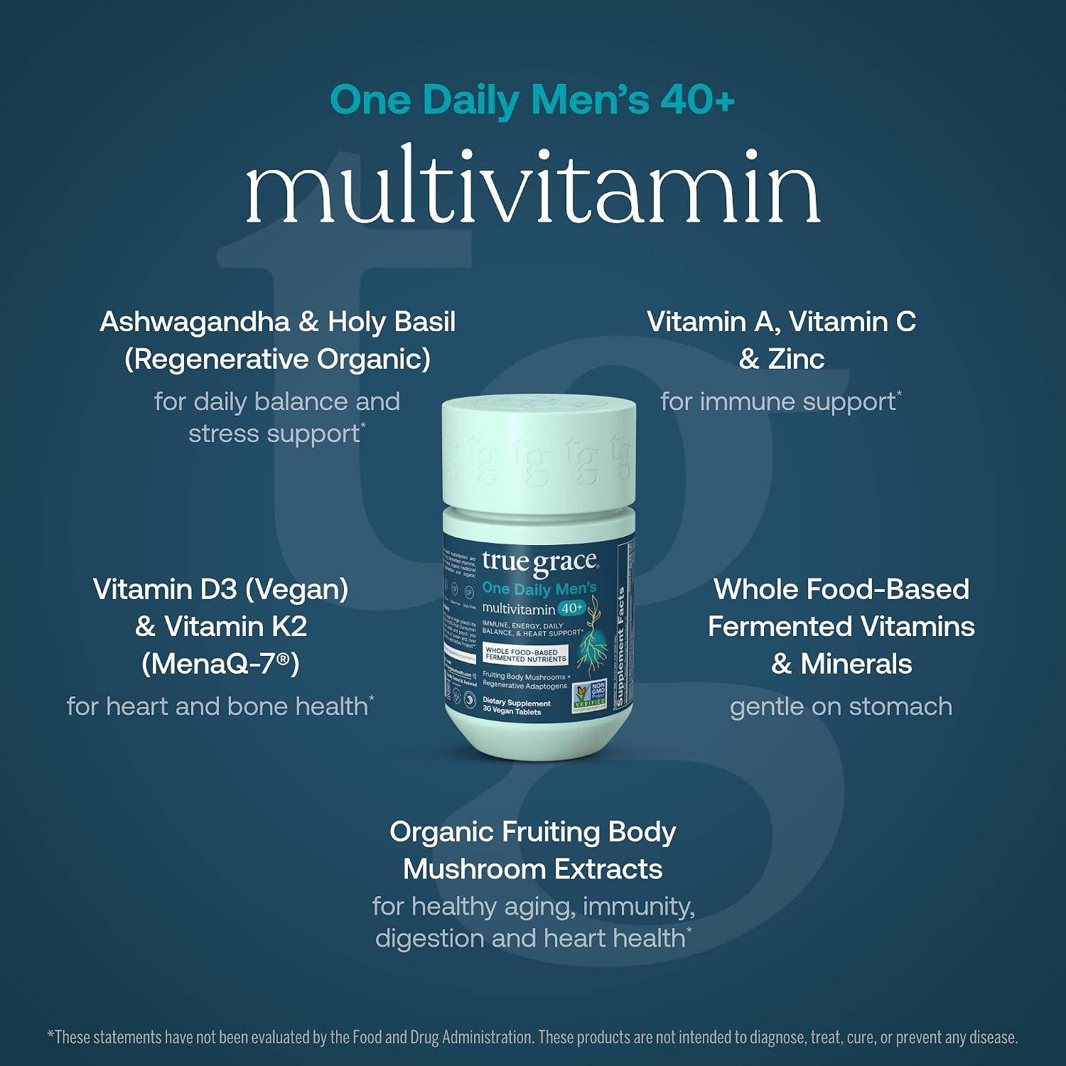 True Grace Multivitamínico para Hombres 40+ con Minerales Fermentados, Adaptógenos Orgánicos y Hongos Medicinales - 30 Comprimidos Veganos