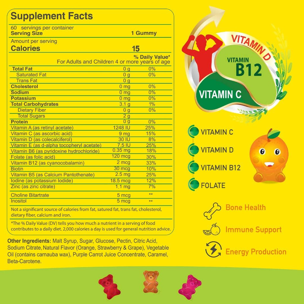 ALFA VITAMINS Gomitas Multivitamínicas para Niños con 13 Nutrientes Esenciales, Vitamina C, D3 y B12 - 60 Gomitas