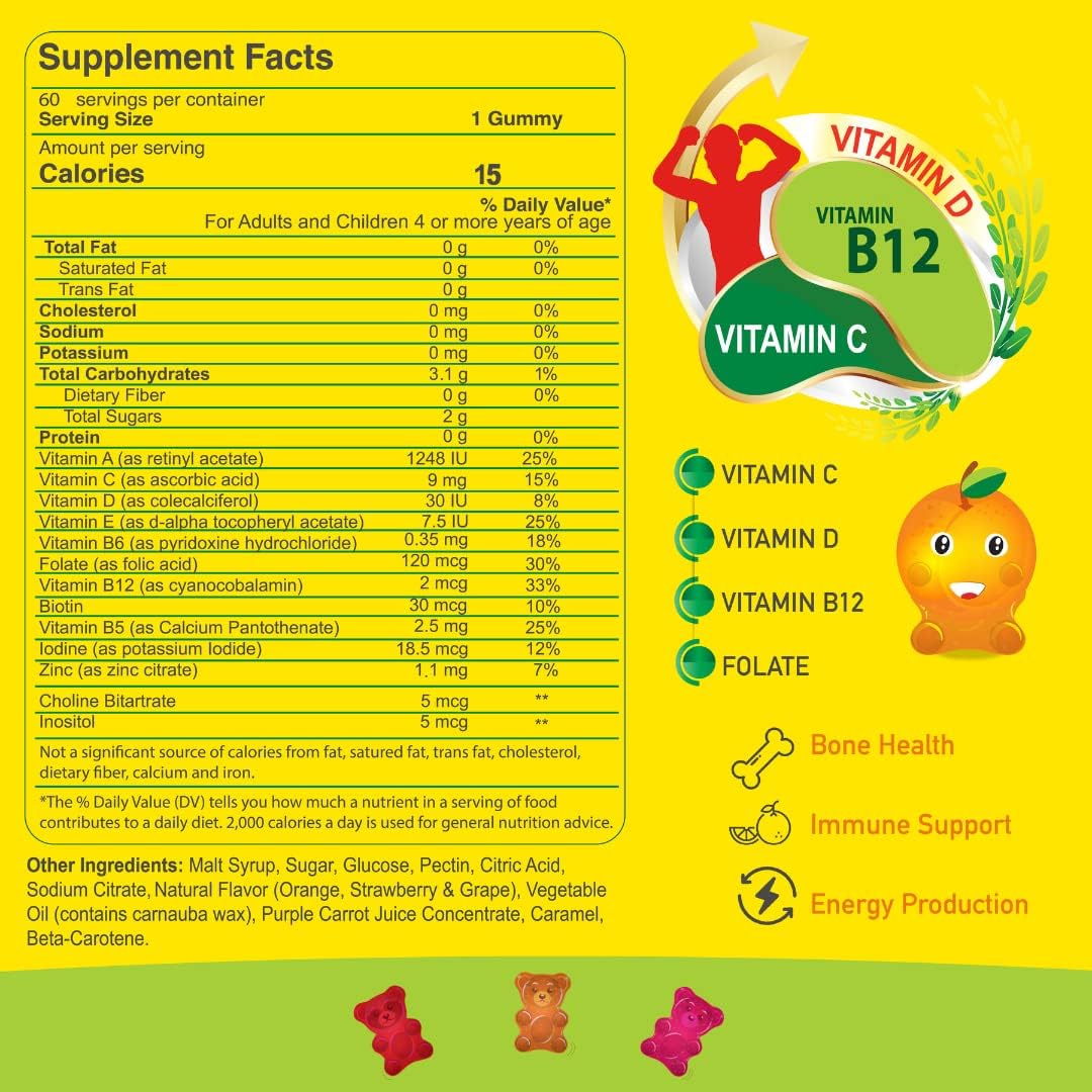 ALFA VITAMINS Gomitas Multivitamínicas para Niños con 13 Nutrientes Esenciales, Vitamina C, D3 y B12 - 60 Gomitas