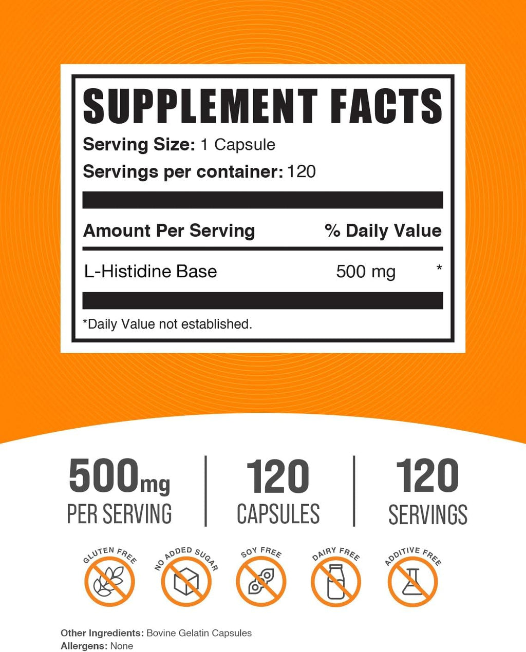 Cápsulas de L-Histidina 500 mg - Aminoácido Esencial - Sin Gluten - 120 Cápsulas