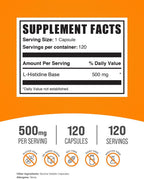 Cápsulas de L-Histidina 500 mg - Aminoácido Esencial - Sin Gluten - 120 Cápsulas