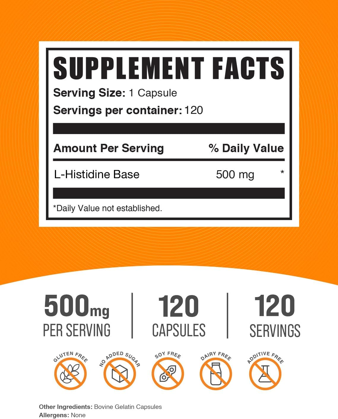 Cápsulas de L-Histidina 500 mg - Aminoácido Esencial - Sin Gluten - 120 Cápsulas